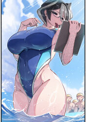 1girl 3boys absurdres arm_piercing black-framed_eyewear black_eyes black_hair blowing_whistle blue_one-piece_swimsuit breasts cloud competition_swimsuit covered_navel cowboy_shot from_below glasses grey_hair hair_between_eyes highleg highleg_one-piece_swimsuit highres holding holding_notepad large_breasts looking_at_object made_in_abyss mature_female medium_hair mikiji multicolored_hair multiple_boys notepad one-piece_swimsuit outdoors ozen partially_submerged piercing pool sky solar_flare solo_focus splashing swimsuit thighs two-tone_hair variant_set wading water wet wet_clothes wet_swimsuit whistle