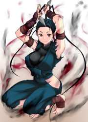 Rule 34 | 1girl, alternate color, alternate eye color, ankle wrap, antenna hair, armor, armpits, arms up, barefoot, black hair, breasts, dual wielding, hakase tatsurou, hip vent, holding, ibuki (street fighter), japanese armor, kote, kunai, large breasts, long hair, ninja, player 2, red eyes, reverse grip, sleeveless, solo, street fighter, toes, weapon