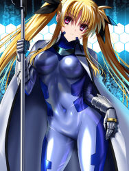 Rule 34 | 1girl, bardiche (assault form) (nanoha), bardiche (nanoha), blonde hair, blue bodysuit, bodysuit, commentary request, contrapposto, cowboy shot, fate testarossa, highres, latex, latex bodysuit, long hair, looking at viewer, lyrical nanoha, mahou shoujo lyrical nanoha strikers, numbers (nanoha), polearm, red eyes, revision, sen (sansui), shiny clothes, skin tight, solo, standing, twintails, weapon
