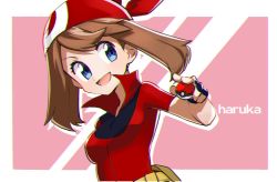 Rule 34 | 1girl, :d, bandana, blue eyes, breasts, brown hair, character name, collared shirt, creatures (company), fingerless gloves, game freak, gloves, may (pokemon), nintendo, open mouth, pokemon, pokemon rse, red bandana, red shirt, shirt, simple background, smile, solo, watta02614129