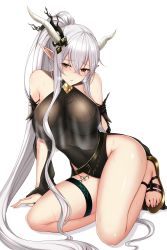 Rule 34 | 1girl, absurdres, arknights, arm support, ateoyh, bad id, bad pixiv id, bare shoulders, belt, black one-piece swimsuit, blush, breasts, brown eyes, crossed bangs, detached sleeves, full body, hair between eyes, head tilt, highres, horns, kneeling, large breasts, long hair, official alternate costume, one-piece swimsuit, parted lips, pointy ears, ponytail, sandals, shining (arknights), shining (silent night) (arknights), sidelocks, simple background, solo, swimsuit, thigh strap, thighs, very long hair, wet, white background, white hair