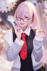 Rule 34 | 1girl, black-framed eyewear, black dress, blurry, blurry background, collared dress, commentary request, cosplay, cosplay photo, depth of field, dress, earrings, fate/grand order, fate (series), fingernails, glasses, grey jacket, hair over one eye, jacket, jewelry, long fingernails, long sleeves, looking at viewer, mash kyrielight, mash kyrielight (cosplay), necktie, off shoulder, open clothes, open jacket, parted lips, photo (medium), pink hair, print necktie, purple eyes, red necktie, short hair, single bare shoulder, smile, solo, upper body