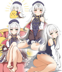Rule 34 | 1girl, absurdres, ass, azur lane, bare legs, bare shoulders, barefoot, beret, black panties, blue dress, blue headwear, blush, brown eyes, brown jacket, chibi, chibi inset, closed mouth, commentary request, detached sleeves, dress, frilled dress, frills, gloves, grey hair, hat, headpiece, highres, holding, jacket, knees up, long hair, long sleeves, looking at viewer, manjuu (azur lane), mole, mole under eye, moyoron, multiple views, off shoulder, open clothes, open jacket, panties, parted lips, puffy long sleeves, puffy sleeves, sleeveless, sleeveless dress, sleeves past wrists, underwear, very long hair, white background, white gloves, white sleeves, z46 (azur lane)