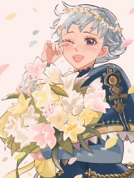 Rule 34 | 1girl, blue capelet, blue dress, blue hair, bouquet, braid, bridal gauntlets, capelet, chimney (chimney0311), commentary, crown braid, dress, english commentary, eyelashes, fire emblem, fire emblem: three houses, flower, grey eyes, happy tears, head wreath, highres, holding, holding bouquet, marianne von edmund, nintendo, one eye closed, open mouth, pink flower, short hair, simple background, smile, solo, tears, teeth, upper teeth only, white background, white flower, yellow flower