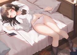 Rule 34 | 1girl, ball, basketball (object), bed sheet, black bow, black bowtie, black socks, blush, bow, bow panties, bowtie, breasts, brown hair, cellphone, closed eyes, collarbone, commentary request, earbuds, earphones, grey skirt, indoors, light particles, lying, medium hair, minato ojitan, navel, on back, on bed, open mouth, original, panties, phone, pillow, pleated skirt, school uniform, skirt, unworn skirt, sleeping, small breasts, smartphone, socks, solo, sunlight, underwear, white panties