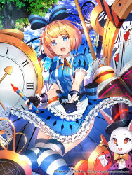 Rule 34 | 1girl, alice (alice in wonderland), alice in wonderland, apron, black gloves, blonde hair, blue dress, blue eyes, bow, breasts, card, clock, commentary, day, dress, eternal wars, frills, gloves, hair bow, highres, knees together feet apart, medium breasts, official art, open mouth, partially fingerless gloves, petticoat, puff and slash sleeves, puffy sleeves, rabbit, solo focus, striped clothes, striped thighhighs, suspenders, sysen, thighhighs, waist apron, watermark, web address