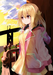 Rule 34 | 1girl, absurdres, alternate costume, arms at sides, balcony, blonde hair, breasts, bridge, cloud, commentary request, contemporary, cowboy shot, crown hair ornament, dress, flandre scarlet, hair between eyes, highres, hood, hood down, hooded jacket, jacket, kaeremu, long sleeves, looking to the side, medium breasts, one side up, open clothes, open jacket, outdoors, pink jacket, red eyes, short hair, sky, smile, solo, standing, touhou, twilight, wings, yellow dress, yellow sky