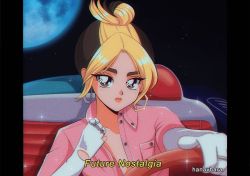 Rule 34 | 1980s (style), 1girl, animification, blonde hair, brown eyes, brown hair, commentary, driving, dua lipa, earrings, english commentary, english text, film grain, gloves, hair bun, hanavbara, hoop earrings, jewelry, looking at viewer, moon, multicolored hair, oldschool, partially fingerless gloves, real life, retro artstyle, single hair bun, solo, space, steering wheel, subtitled, white gloves