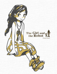 Rule 34 | 1girl, copyright name, dress, english text, jewelry, logo, long hair, monaka (siromona), monochrome, necklace, sitting, smile, solo, the girl (gnr), the girl and the robot