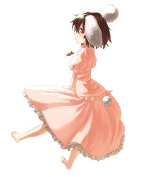 Rule 34 | 1girl, animal ears, barefoot, brown hair, carrot, dress, full body, highres, ibuki notsu, inaba tewi, looking at viewer, rabbit ears, rabbit girl, rabbit tail, red eyes, short hair, simple background, solo, tail, touhou, white background
