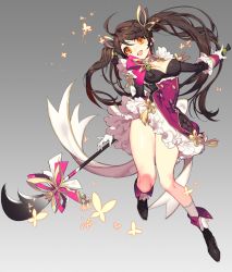 Rule 34 | 1girl, :d, ara haan, ara han, black hair, bug, butterfly, elsword, frilled skirt, frills, full body, gloves, gradient background, grey background, insect, legs, long hair, open mouth, orange eyes, pika (kai9464), polearm, shoes, skirt, smile, socks, solo, spear, twintails, weapon, white gloves