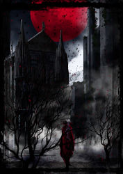 Rule 34 | 1boy, absurdres, architecture, armor, bare tree, bird, branch, building, cathedral, cityscape, cloak, cloud, cobblestone, commentary request, fantasy, flock, fog, fountain, gothic architecture, highres, leaf, light, moon, night, original, pajaman, plant, red cloak, red moon, scenery, shadow, skyscraper, solo, standing, stone, tower, tree, vampire, vines, virtual youtuber, walking