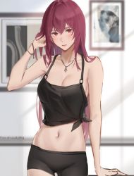 Rule 34 | 1girl, breasts, expressionless, fate/grand order, fate (series), hand in own hair, indoors, jewelry, long hair, looking at viewer, medium breasts, midriff, navel, necklace, picture frame, purple hair, red eyes, rifu (643763873), scathach (fate), scathach (fate), shirt, short shorts, shorts, solo, strap, tied shirt, very long hair
