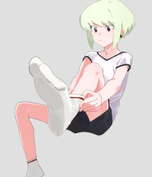 Rule 34 | 1boy, alternate costume, black shorts, blonde hair, closed mouth, earrings, feet, foot focus, grey background, invisible chair, jewelry, knee up, lio fotia, male focus, no shoes, ns1123, promare, purple eyes, shirt, short hair, shorts, simple background, sitting, sock pull, socks, soles, solo, t-shirt, toes, trap, triangle earrings, white shirt, white socks