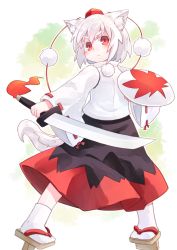 Rule 34 | 1girl, animal ear fluff, animal ears, black skirt, blush, brown footwear, closed mouth, colored eyelashes, commentary request, full body, geta, hair between eyes, hat, highres, holding, holding shield, holding sword, holding weapon, inubashiri momiji, kibisake, long sleeves, pom pom (clothes), red eyes, red hat, ribbon-trimmed sleeves, ribbon trim, shield, shirt, skirt, socks, solo, standing, sword, tail, tengu-geta, thick eyebrows, tokin hat, touhou, v-shaped eyebrows, weapon, white hair, white shirt, white socks, wide sleeves, wolf ears, wolf girl, wolf tail