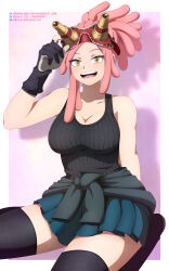 Rule 34 | 1girl, absurdres, adjusting goggles, arm at side, armpits, artist name, bare shoulders, black shirt, black thighhighs, boku no hero academia, border, breasts, cleavage, clenched hand, clothes around waist, collarbone, cross-shaped pupils, eyelashes, female focus, gloves, goggles, goggles on head, hand up, happy, hatsume mei, high ponytail, highres, iharuluna, large breasts, legs, long hair, looking at viewer, miniskirt, neck, open mouth, parted bangs, partially fingerless gloves, pink hair, pleated skirt, ponytail, shirt, sidelocks, sitting, skirt, sleeveless, sleeveless shirt, sweater, sweater around waist, symbol-shaped pupils, tank top, thick thighs, thighhighs, thighs, two-tone gloves, white border, yellow eyes