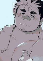 Rule 34 | 1boy, bandaid, bandaid on face, bandaid on nose, bara, blush, bottle, eyebrow piercing, facial hair, fat, fat man, goatee stubble, greyscale, grigory (live a hero), half-closed eyes, holding, holding bottle, kuro nezumi inu, large pectorals, live a hero, male focus, monochrome, multicolored hair, pectorals, piercing, pointy ears, smile, solo, spot color, stubble, tank top, thick eyebrows, two-tone hair, upper body