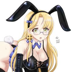 Rule 34 | 1girl, animal ears, artist name, black gloves, black leotard, blonde hair, blush, breasts, cleavage, dated, detached collar, dress, elbow gloves, fake animal ears, fake tail, glasses, gloves, kantai collection, large breasts, leotard, long hair, northampton (kancolle), open mouth, rabbit ears, rabbit tail, semi-rimless eyewear, signature, simple background, solo, strapless, strapless dress, tail, tk8d32, white background, yellow eyes