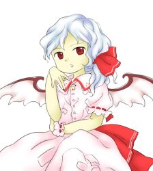 Rule 34 | 1girl, alternate hairstyle, bat wings, blue hair, buttons, collared dress, dress, hair ribbon, hand up, light blue hair, medium hair, nonamejd, official style, pink dress, pink wings, puffy short sleeves, puffy sleeves, red eyes, red ribbon, remilia scarlet, ribbon, short sleeves, simple background, solo, touhou, white background, wings, zun (style)