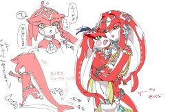 Rule 34 | 1boy, 1girl, brother and sister, carrying, colored skin, fins, fish boy, fish girl, hair ornament, hetero, hug, jewelry, long hair, mipha, monster boy, monster girl, multicolored skin, nintendo, no eyebrows, pointy ears, ponytail, red hair, red skin, sharp teeth, siblings, sidon, smile, teeth, the legend of zelda, the legend of zelda: breath of the wild, translation request, yellow eyes, aged down, zora