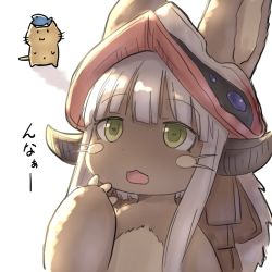 Rule 34 | 1girl, aaaa (quad-a), animal ears, body fur, cat, fish, furry, furry female, green eyes, highres, long hair, made in abyss, nanachi (made in abyss), simple background, solo, white background, white hair