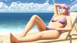 Rule 34 | 1girl, beach, bikini, breasts, cheerilee, day, green eyes, highres, large breasts, long hair, lvl (sentrythe2310), multicolored hair, my little pony, my little pony: friendship is magic, personification, plump, purple hair, sitting, solo, swimsuit, two-tone hair