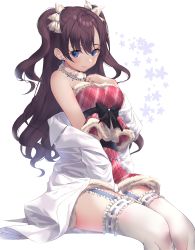 Rule 34 | 1girl, :3, bare shoulders, black bow, blue eyes, blush, bow, breasts, brown hair, dress, earrings, frills, fur collar, fur trim, garter straps, highres, ichinose shiki, idolmaster, idolmaster cinderella girls, idolmaster cinderella girls starlight stage, jewelry, kinty, lab coat, lace, lace-trimmed legwear, lace trim, long hair, looking at viewer, medium breasts, necklace, off shoulder, plaid, plaid dress, red dress, sash, shirt, short dress, simple background, sitting, smile, solo, thighhighs, wavy hair, white background, white shirt, white thighhighs
