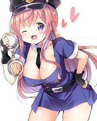 Rule 34 | 1girl, ;d, belt, belt buckle, black hat, black necktie, blush, breasts, brown hair, buckle, buttons, cleavage, collarbone, cowboy shot, cuffs, detached collar, double-breasted, fingerless gloves, gloves, gochuumon wa usagi desu ka?, hand on own hip, handcuffs, hat, heart, holding, hoto mocha, kurou (quadruple zero), large breasts, long hair, looking at viewer, necktie, one eye closed, open mouth, police, police hat, police uniform, policewoman, purple eyes, shiny skin, short sleeves, simple background, sketch, skirt, smile, solo, standing, tareme, thighhighs, uniform, white background