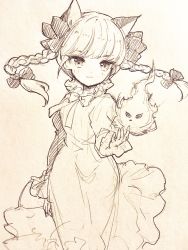 Rule 34 | 1girl, :3, animal ears, black bow, bow, braid, cat ears, collar, dress, extra ears, frilled collar, frilled dress, frills, ghost, graphite (medium), highres, hitodama, holding, holding skull, kaenbyou rin, monochrome, necktie, neru5, puffy sleeves, sketch, skull, slit pupils, solo, touhou, traditional media, tsurime, twin braids