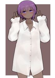 Rule 34 | 1girl, blush, brown background, closed mouth, collarbone, collared shirt, dark-skinned female, dark skin, double v, dress shirt, fate/prototype, fate/prototype: fragments of blue and silver, fate (series), hair between eyes, hands up, hassan of serenity (fate), highres, i.u.y, long sleeves, looking at viewer, pinching sleeves, purple eyes, purple hair, see-through, see-through silhouette, shirt, sleeves past wrists, smile, solo, standing, two-tone background, v, white background, white shirt