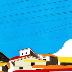 Rule 34 | bird, blue sky, building, cloud, commentary, day, highres, house, iida kento, no humans, original, outdoors, perching, poop, power lines, rooftop, scenery, silhouette, sky, symbol-only commentary, window