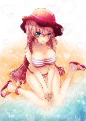 Rule 34 | 1girl, anklet, bare legs, beach, bikini, blue eyes, blush, breasts, cleavage, collarbone, hat, heart, heart background, jewelry, large breasts, long hair, looking at viewer, looking up, megurine luka, nail polish, pink eyes, ruchiru, ruchiru (nico seiga), sandals, sitting, solo, striped bikini, striped clothes, swimsuit, very long hair, vocaloid, wariza, water