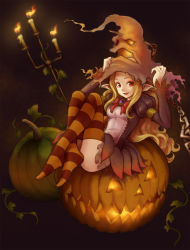 Rule 34 | blonde hair, candle, chain, hat, highres, jack-o&#039;-lantern, long hair, original, pointy ears, pumpkin, red eyes, sitting, solo, striped clothes, striped thighhighs, thighhighs, toshi