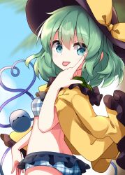 Rule 34 | 1girl, bikini, black hat, blue bikini, bow, breasts, closed mouth, commentary request, eyeball, frilled bikini, frilled shirt, frilled shirt collar, frilled sleeves, frills, green eyes, green hair, hat, hat bow, highres, komeiji koishi, long sleeves, looking back, medium hair, open clothes, open shirt, over shoulder, plaid, plaid bikini, pointing, ruu (tksymkw), shirt, small breasts, solo, sun hat, swimsuit, third eye, tongue, tongue out, touhou, upper body, white bikini, wide sleeves, yellow bow, yellow shirt