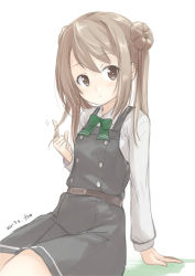 Rule 34 | 1girl, absurdres, bow, bowtie, cowboy shot, double bun, dress, fyuo, green bow, green bowtie, hair bun, highres, kantai collection, light brown hair, long hair, long sleeves, looking at viewer, michishio (kancolle), michishio kai ni (kancolle), one-hour drawing challenge, pinafore dress, shirt, short twintails, simple background, sitting, sleeveless, sleeveless dress, solo, twintails, white background, white shirt, yellow eyes