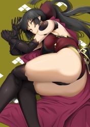 Rule 34 | 1girl, ass, black hair, bound, bound arms, breasts, doko tetora, fate/grand order, fate (series), joints, katou danzou (fate), long hair, lying, medium breasts, on side, ponytail, robot joints, scarf, solo, thighs, yellow eyes