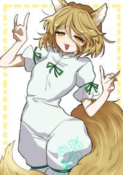 Rule 34 | 1girl, :d, animal ears, blonde hair, breasts, cowboy shot, double fox shadow puppet, fox ears, fox shadow puppet, fox tail, green ribbon, hair between eyes, half-closed eyes, hands up, highres, kudamaki tsukasa, open mouth, oyatu yatu, ribbon, short hair, short sleeves, simple background, small breasts, smile, solo, tail, touhou, white romper