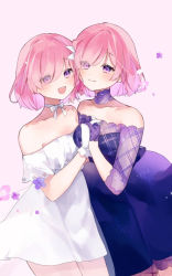 Rule 34 | 2girls, bare shoulders, blush, closed mouth, collarbone, commentary request, detached collar, dress, dual persona, fate/grand order, fate (series), flower, formal, gloves, hair flower, hair ornament, holding hands, looking at viewer, mash kyrielight, mash kyrielight (chaldea dinnertime), mash kyrielight (formal dress), misaki346, multiple girls, off-shoulder dress, off shoulder, official alternate costume, open mouth, pink hair, purple dress, purple eyes, purple gloves, see-through, see-through sleeves, short hair, sleeveless, sleeveless dress, smile, white dress, white flower, white gloves