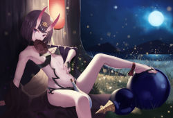 Rule 34 | 1girl, against tree, alcohol, ankle ribbon, arm support, armpits, bare legs, bare shoulders, barefoot, barefoot sandals (jewelry), black choker, breasts, choker, commentary request, cup, eyeshadow, fate/grand order, fate (series), fireflies, from side, full moon, gourd, grass, highres, horns, japanese clothes, kimono, lantern, leg ribbon, leg up, long sleeves, looking at viewer, looking to the side, makeup, moon, mountainous horizon, mouth hold, navel, nekobell, off shoulder, on grass, on ground, open clothes, open kimono, pink lips, purple eyes, purple hair, red ribbon, revealing clothes, ribbon, sakazuki, sake, short hair, shuten douji (fate), sideboob, sitting, skin-covered horns, small breasts, smile, solo, stomach, thick eyebrows, tree, v-shaped eyebrows, wet