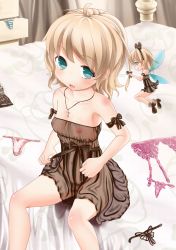 Rule 34 | 1girl, bad id, bad pixiv id, bare shoulders, bed, blonde hair, blue eyes, blush, breasts, cross, female focus, garter belt, highres, jewelry, jixing renou, lingerie, looking at viewer, medicine melancholy, necklace, negligee, nipples, open mouth, petite, ring, see-through, short hair, sitting, small breasts, smile, solo, su-san, touhou, underwear, wings