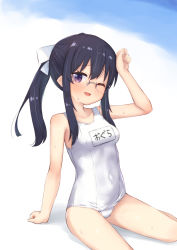 Rule 34 | 1girl, black hair, blue eyes, blush, breasts, collarbone, covered navel, glasses, hair ribbon, highres, kuramoto takato, long hair, looking at viewer, machikado mazoku, ogura shion, one-piece swimsuit, one eye closed, open mouth, ponytail, ribbon, school swimsuit, simple background, small breasts, smile, solo, swimsuit, white one-piece swimsuit