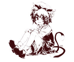 Rule 34 | 1girl, animal ear fluff, animal ears, bow, bowtie, cat ears, cat tail, chen, dated, earrings, full body, hamriku, hat, highres, jewelry, knees up, long sleeves, looking to the side, mob cap, monochrome, multiple tails, nekomata, petticoat, puffy long sleeves, puffy sleeves, short hair, simple background, single earring, sitting, skirt, solo, tail, touhou, two tails, white background