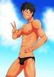 Rule 34 | 1boy, abs, black hair, looking at viewer, male focus, muscular, outdoors, pectorals, topless male, smile, solo, summer, tagme, tan, tanline, teeth, v