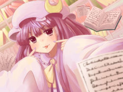 Rule 34 | 1girl, :p, blush, book, bookshelf, bow, crescent, female focus, hat, highres, kose takashi, long hair, long sleeves, patchouli knowledge, purple eyes, purple hair, solo, tongue, tongue out, touhou, wide sleeves