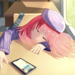 Rule 34 | 1girl, absurdres, arima kana, beret, blue hat, blurry, blurry background, cellphone, chair, classroom, closed eyes, closed mouth, commentary, depth of field, desk, hat, highres, leaf, long sleeves, medium hair, oshi no ko, phone, red hair, school chair, school desk, school uniform, shade, sleeping, sleeping on desk, smartphone, solo, sun x, sunlight, symbol-only commentary, window, youtou high school uniform