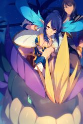 Rule 34 | 1boy, 1girl, black hair, blue hair, breasts, cleavage, closed mouth, crop top, echo (circa), flying, gloves, jewelry, judith (tales), long hair, looking at viewer, medium breasts, midriff, pointy ears, polearm, red eyes, spear, star (sky), tales of (series), tales of vesperia, weapon, yuri lowell