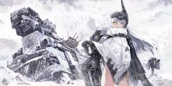 Rule 34 | 1girl, absurdres, cape, commentary, dog tags, english commentary, goddess of victory: nikke, highres, long hair, machine, machinery, maridix, mechanical hands, ruins, sky, snow white (nikke), snowing, solo, turret, visor (armor), weapon, white hair, yellow eyes
