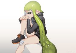 Rule 34 | 1girl, bandage on knee, bandages, banonefans, bike shorts, black footwear, black shirt, black shorts, blunt bangs, closed eyes, closed mouth, cross-laced footwear, dated, gradient background, green hair, grey background, hugging own legs, inkling, inkling girl, inkling player character, knee up, light frown, long hair, long sleeves, mask, nintendo, pointy ears, shirt, short shorts, shorts, single vertical stripe, sitting, solo, tentacle hair