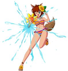 Rule 34 | 1girl, animal ears, belly, bikini, breasts, brown hair, cleavage, collarbone, fangs, fox ears, fox tail, green eyes, highres, jewelry, koto (yu yu hakusho), legs, midriff, multicolored bikini, multicolored clothes, navel, necklace, official art, one eye closed, open mouth, sandals, smile, striped bikini, striped clothes, swimsuit, tail, whiskers, wink, yuu yuu hakusho