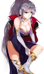 Rule 34 | 1girl, bare shoulders, blush, boots, breasts, cape, choker, cleavage, collar, cross, cross choker, detached sleeves, dress, fire emblem, fire emblem: genealogy of the holy war, fire emblem heroes, gloves, gold trim, grey hair, hairband, high heel boots, high heels, highres, image sample, ishtar (fire emblem), large breasts, long hair, looking down, nintendo, ormille, parted lips, ponytail, purple dress, purple eyes, putting on shoes, resolution mismatch, simple background, solo, source larger, thigh boots, thighhighs, thighs, twitter sample, very long hair, white background, white gloves
